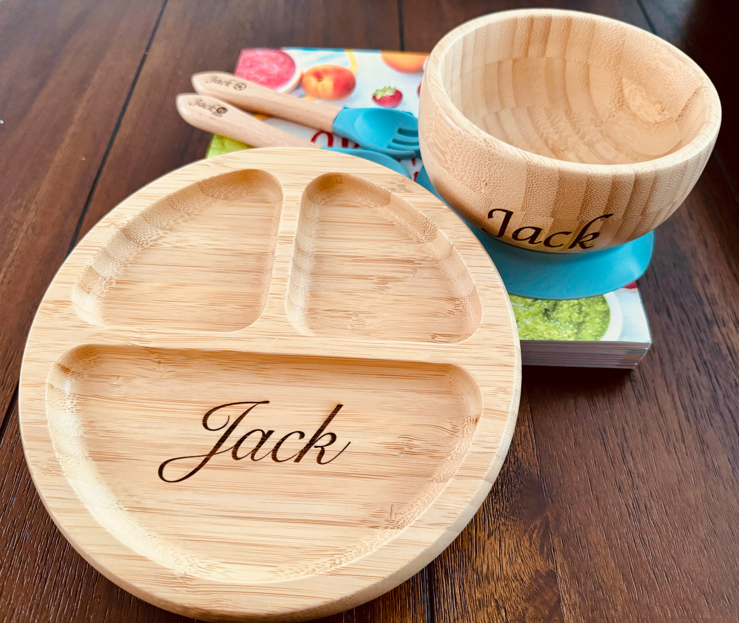 Custom Engraved Baby Bamboo Plate Set